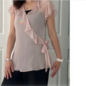 Blouse dusty pink sheer fabric / fine ruffles & bowed tied rose feminine detail